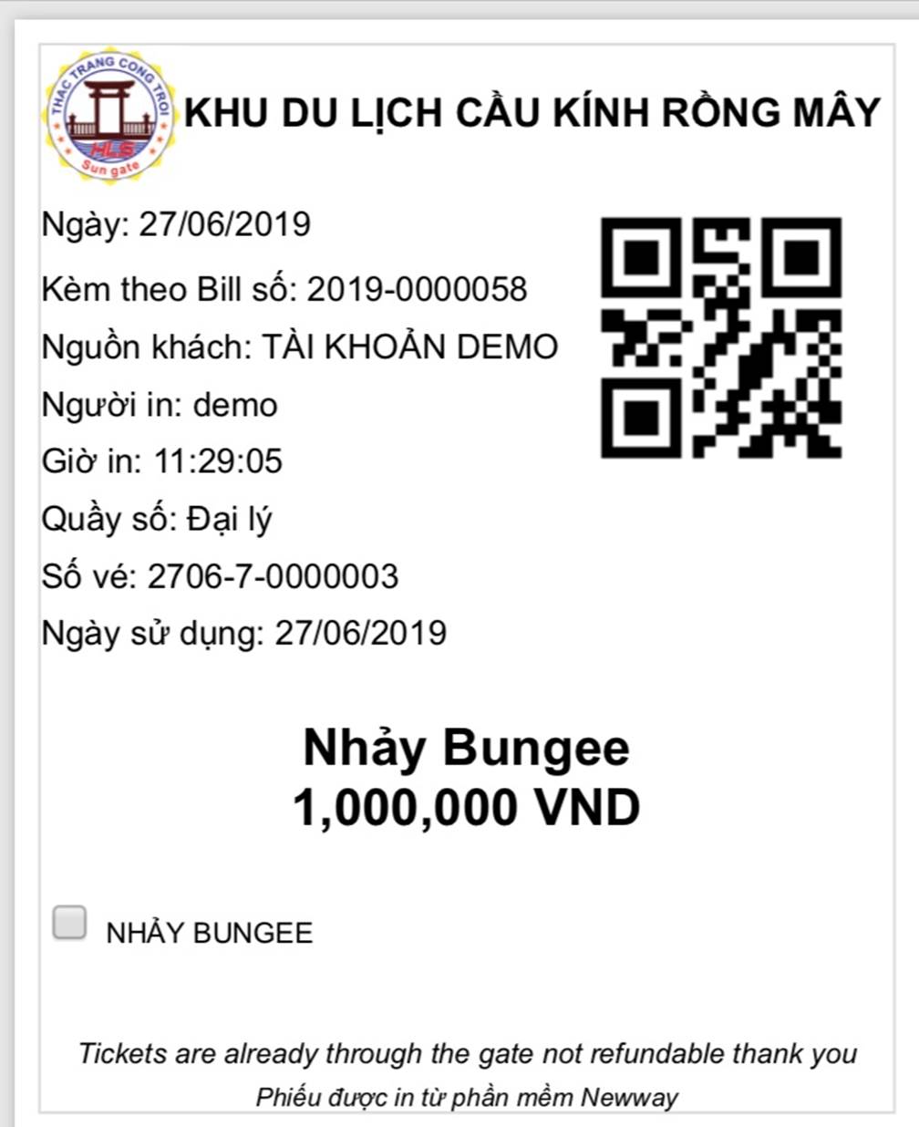 Một mẫu vé tại KDL Rồng Mây 